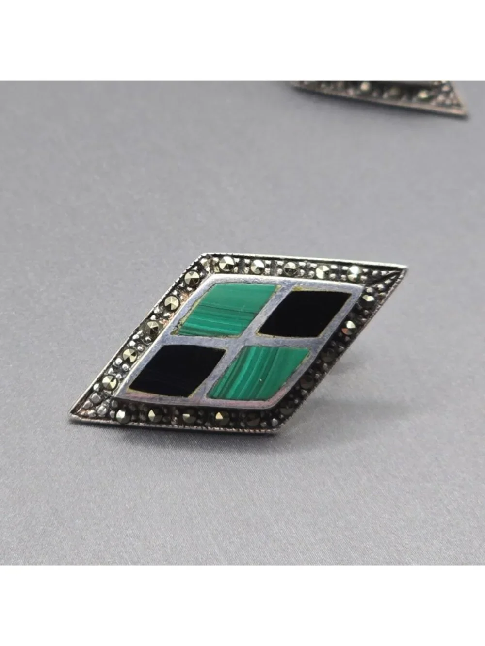 Sterling Silver Malachite Onyx Inlay Earrings Marcasite Border Artisan Signed A - Picture 4 of 12